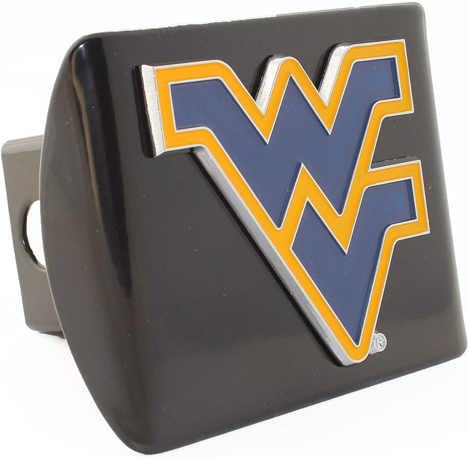 AMG West Virginia University Metal Mountaineers Colored (Navy with Yellow Trim) Emblem on Black Metal Hitch Cover