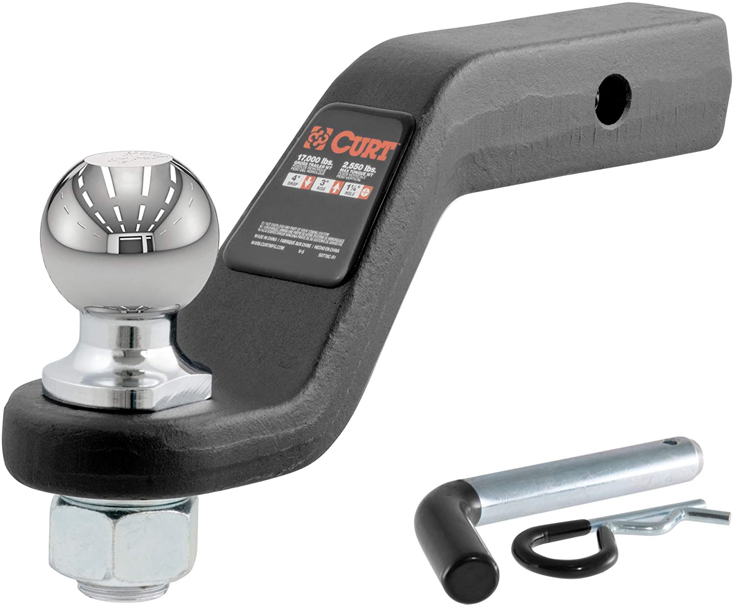 CURT 45332 Trailer Hitch Mount with 2-5/16-Inch Ball & Pin, Fits 2-Inch Receiver, 15,000 lbs, 4-Inch Drop