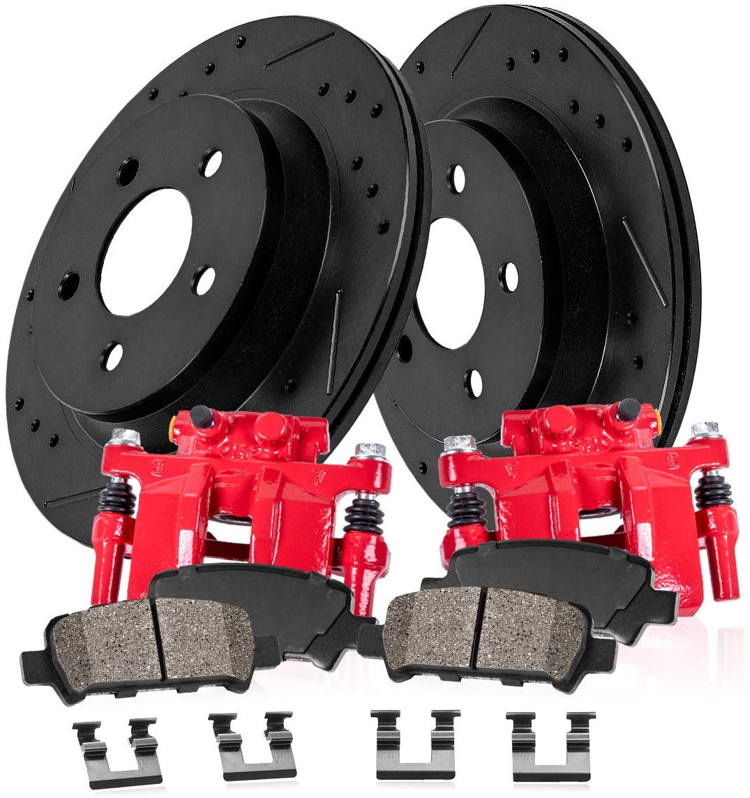 Callahan CCK05272 [2] FRONT Premium Red Brake Calipers + [2] Black Drilled/Slotted Rotors + Ceramic Pads + Hardware