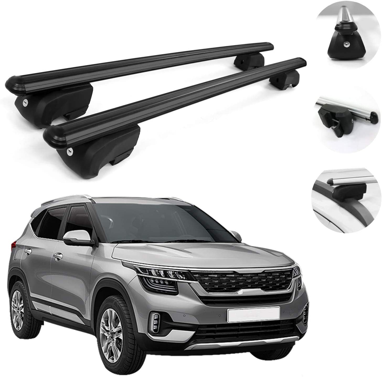 OMAC Automotive Exterior Accessories Roof Rack Crossbars | Aluminum Black Roof Top Cargo Racks | Luggage Ski Kayak Bike Carriers Set 2 Pcs | Fits Kia Seltos 2021