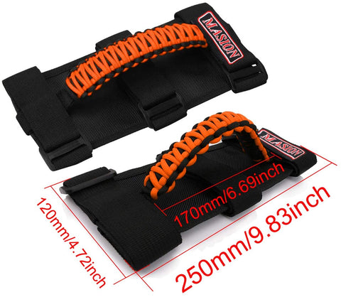 Jade Onlines Jeep Grab Handles 2 Pieces, Roll Bar Paracord Grab Handles for Jeep Wrangler YJ CJ TJ JK JKU JL JLU Red Jeep Grip Handles with 3 Velcro Straps and Woven Handle(Orange)