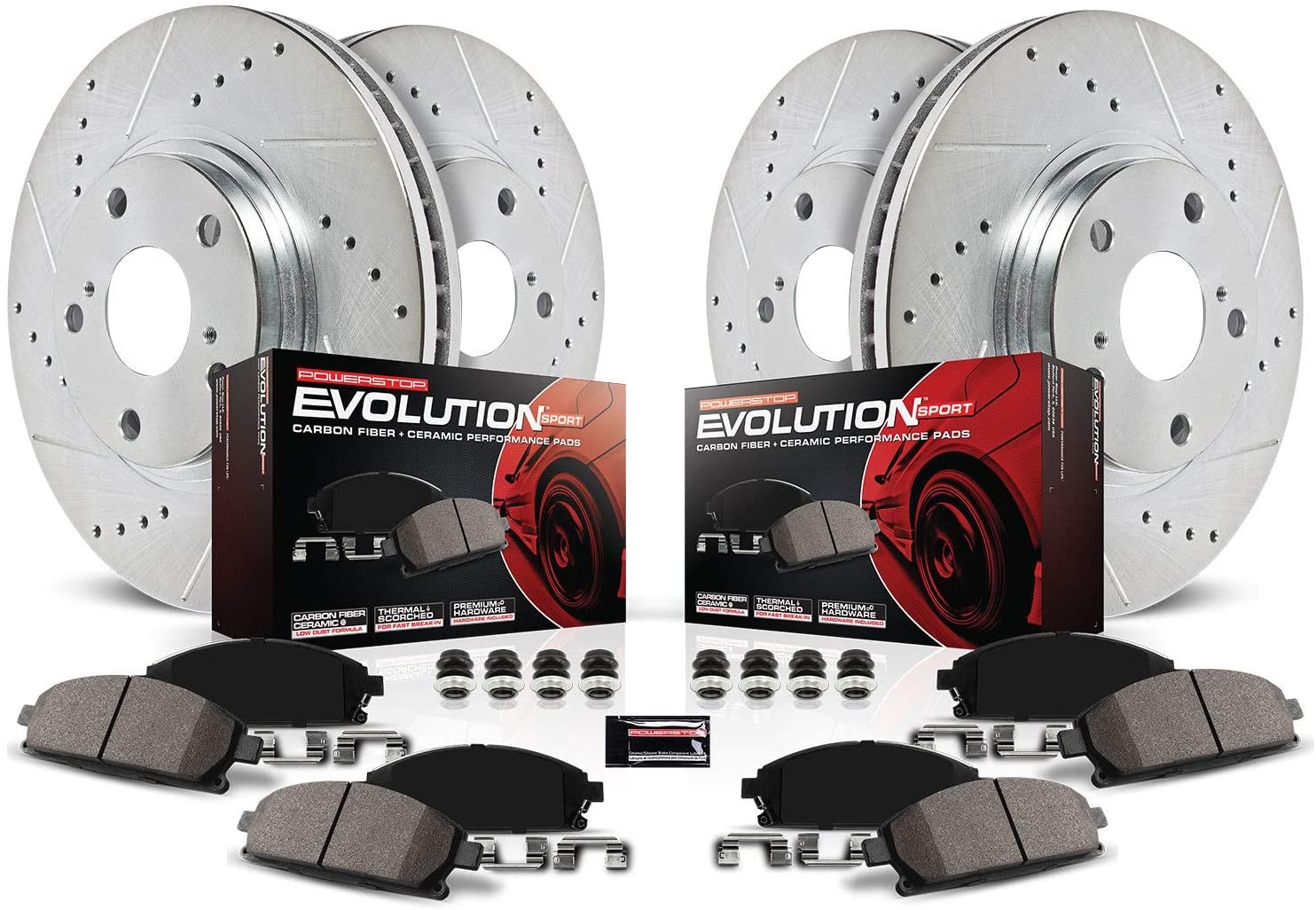 Power Stop K6943 Front & Rear Brake Kit with Drilled/Slotted Brake Rotors and Z23 Evolution Ceramic Brake Pads