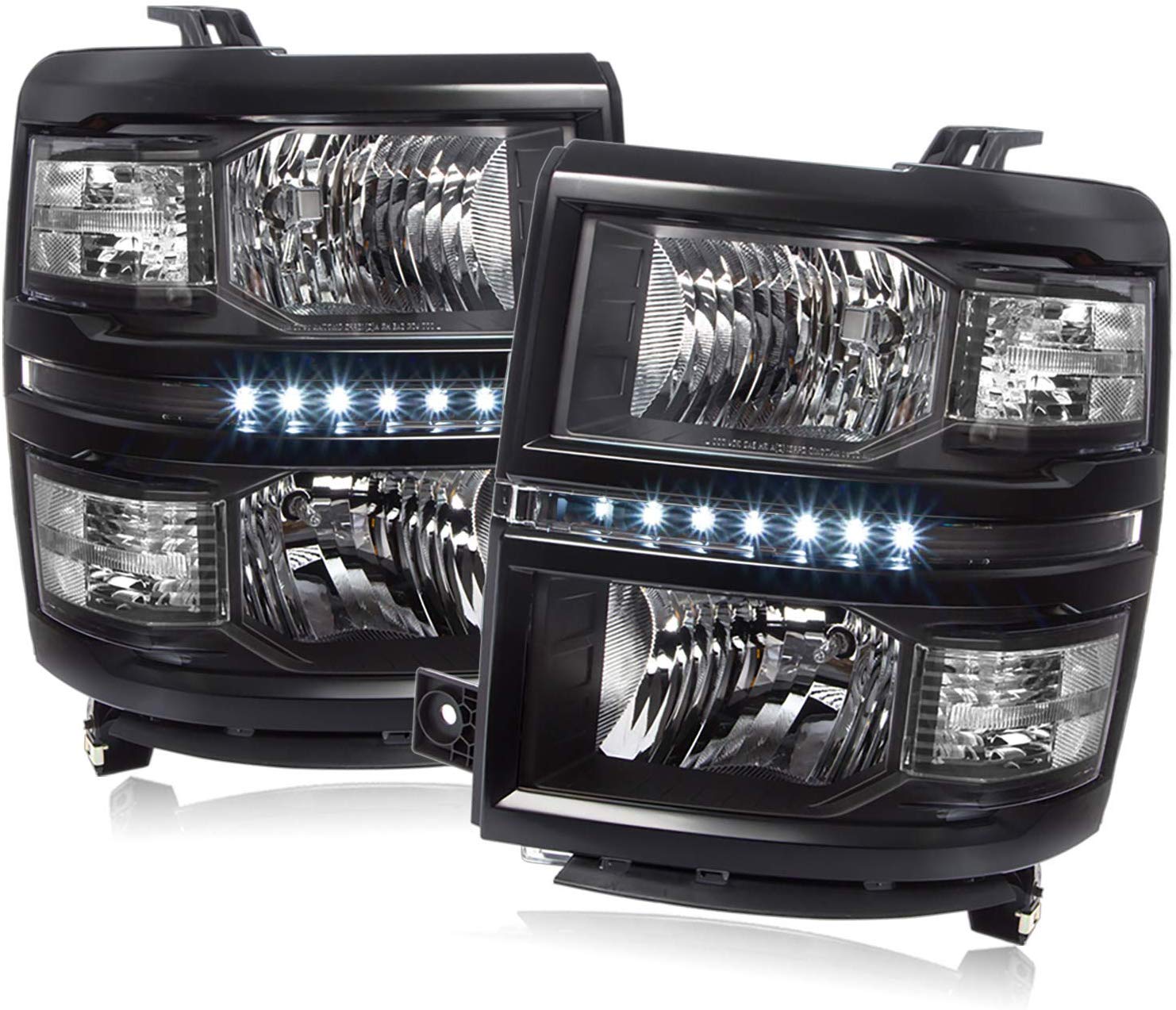 For 14-16 Chevy Silverado 1500 LED Black Housing Pair Headlights Headlamps Clear Reflector Lamp