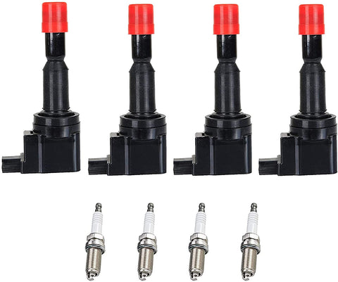 ENA Ignition Coil and Spark Plug Set of 4 Compatible with 2007-2008 Honda Fit 1.5L L4 UF581