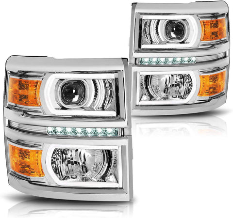 U-Strip LED DRL Projector Headlight Assembly Compatible with Chevy Silverado 14-15 Headlamps with Amber Corner Chrome