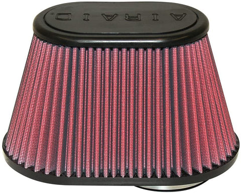 Airaid 721-432 Universal Clamp-On Air Filter: Oval Tapered; 2.75 in (70 mm) Flange ID; 5 in (127 mm) Height; 8.625 in x 5.375 in (219 mm x 137 mm) Base; 6 in x 3.75 in (152 mm x95 mm) Top