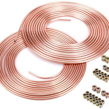 Copper Brake Line Hose Tubing Coil Roll- Fuel Line Tube Coil Transmission Line Tube Oil Brake Hose, Clutch Hose, Brake Copper Pipe with fittings (25 Ft 3/16" + 25 Ft 1/4")