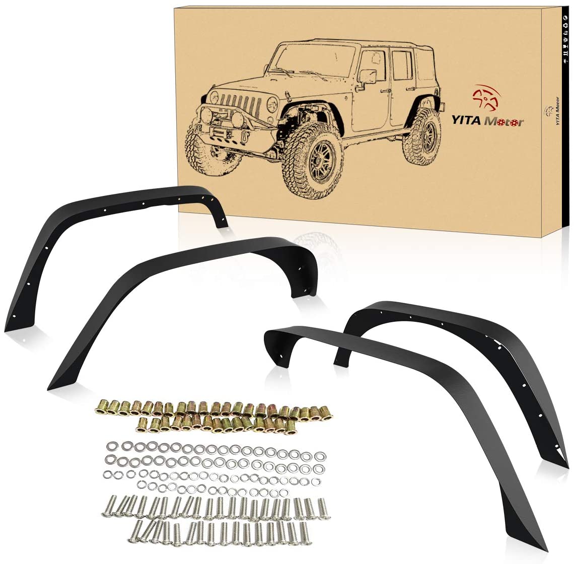 YITAMOTOR Steel Fender Flares Kit Compatible for 2007-2018 Jeep Wrangler Unlimited JK (2/4 Doors), Heavy-duty Off Road Style Front Rear Flat, 4 Pack