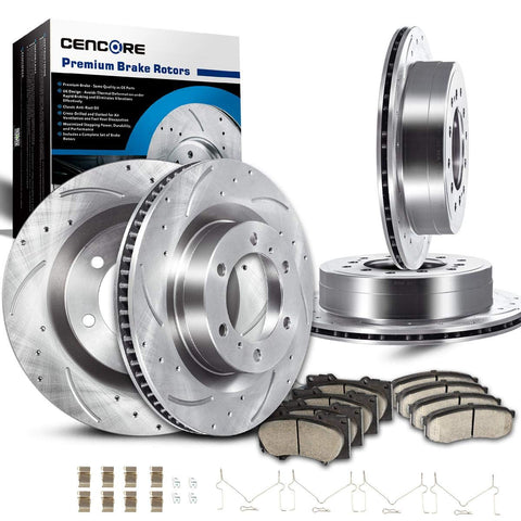 CENCORE Front & Rear Brake Disc Kit Cross Drilled & Slotted 4 Brake Rotors & 8 Ceramic Brake Pads Compatible with Lexus GX460 2010-2018/Toyota 4Runner 2010-2018