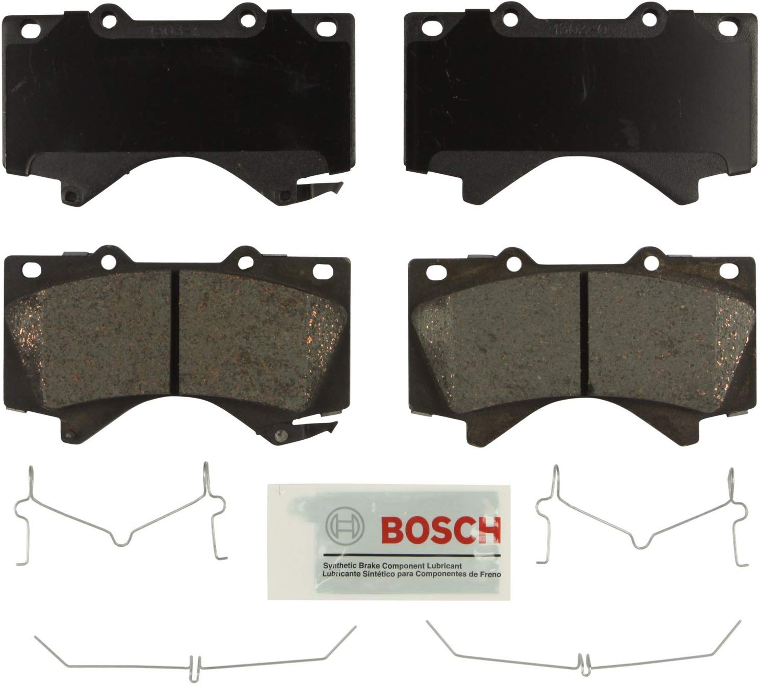 Bosch BE1303H Blue Disc Brake Pad Set with Hardware for Select Lexus LX570 and Toyota Land Cruiser, Sequoia, and Tundra Vehicles - FRONT