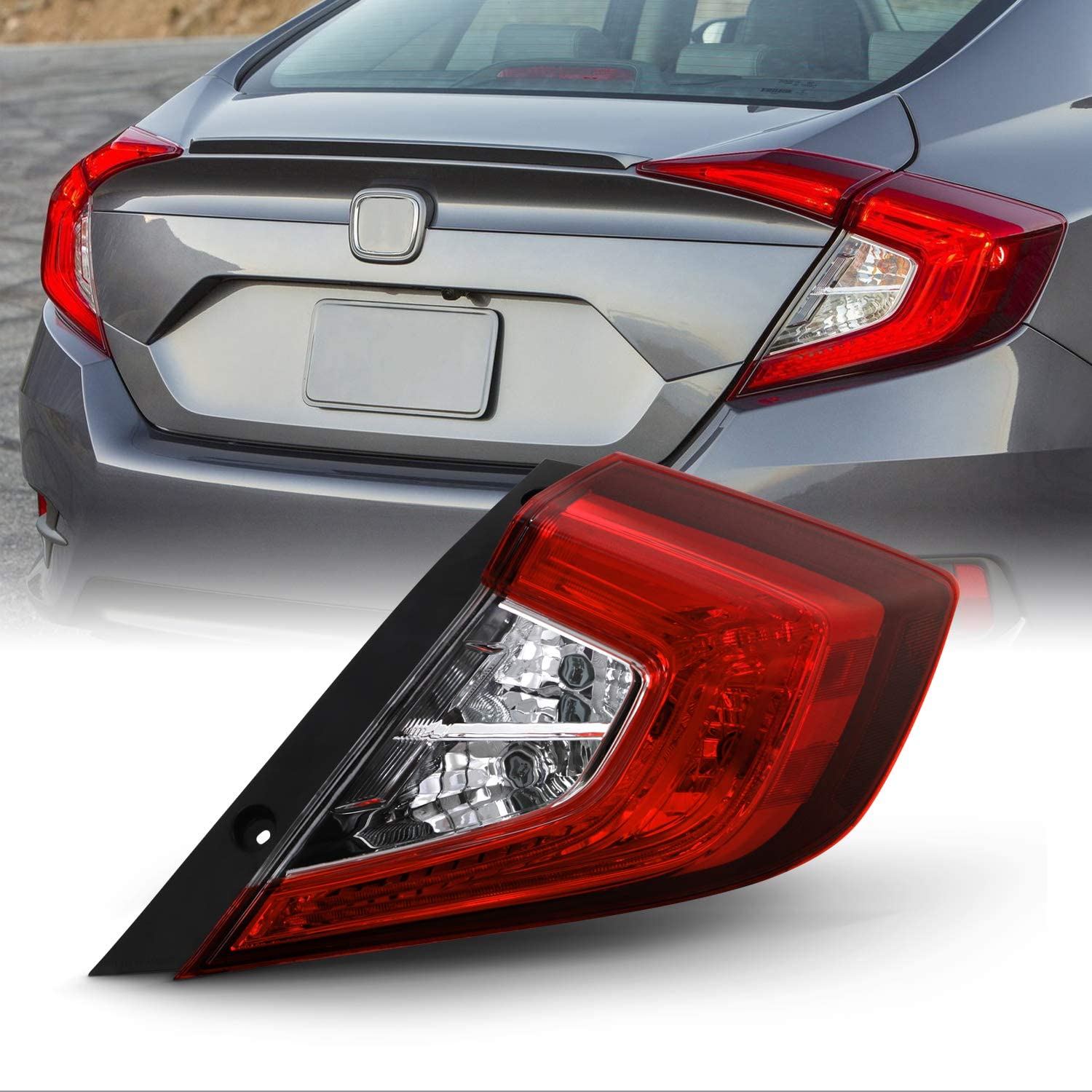 Fits 2016 2017 2018 2019 2020 Honda Civic 4-Door Sedan [US Built] Red Clear Tail Light Outer Passenger Right Replacement (Passenger Side)