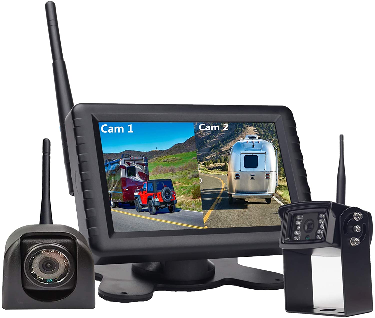 Wireless Backup Camera System with Rear & Side View Camera,720P Reverse Backup Camera Kit with 5” Monitor Support Split Screen, Waterproof IP69K,for RV Trailer,5th Wheels,Tractor,Forklift (1 Rear View Cam+1 Side Cam)