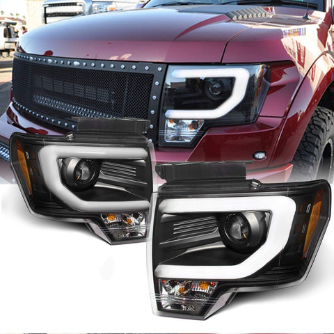 For Ford F150 F-150 Pickup Black Bezel DRL Daylight LED Strip Halogen Type Projector Headlights Lamps