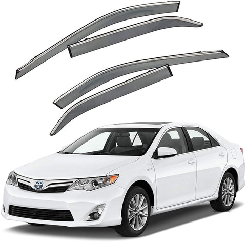 VXMOTOR for 2012-2017 Toyota Camry - Chrome Trim Smoke Tinted PC Window Visor Rain Guard Deflector Polycarbonate PC