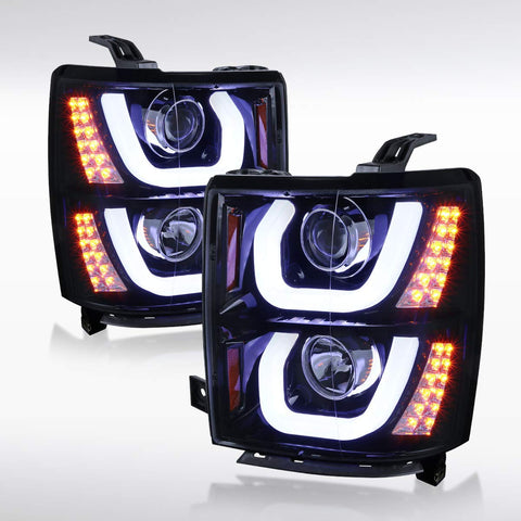 Autozensation For Chevy Silverado 1500 Glossy Black LED Signal Halo Projector Headlights