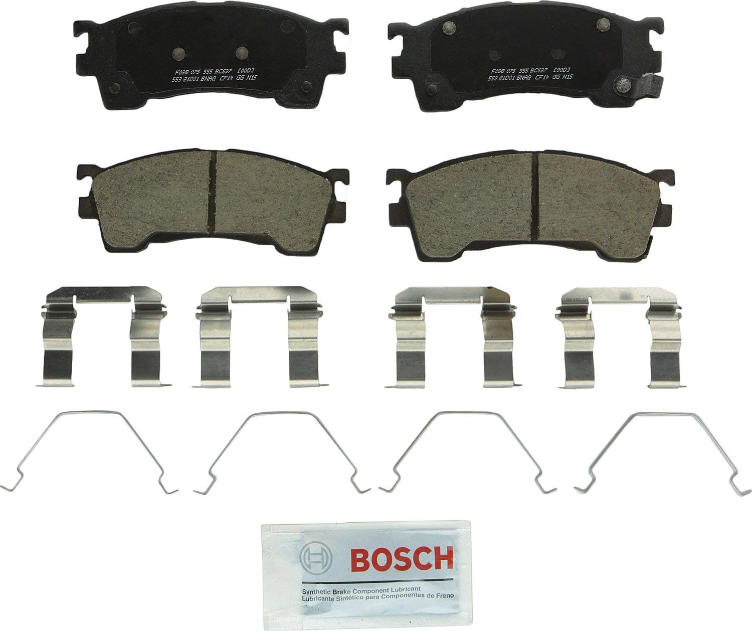 Bosch BC637 QuietCast Premium Ceramic Disc Brake Pad Set For Ford: 1994-1997 Probe; Mazda:1994-2002 626, 1994-1997 MX-6, 1999-2000 Protégé; Front