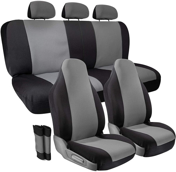 Car Seat Cover Protectors- Grip Control Non-Slip Poly Cloth Black and Gray Front Low Bucket and 50-50 or 60-40 Rear Split Bench Universal Fit for Automotive Cars, Trucks, SUVs, Vans- 10 Piece Full Set