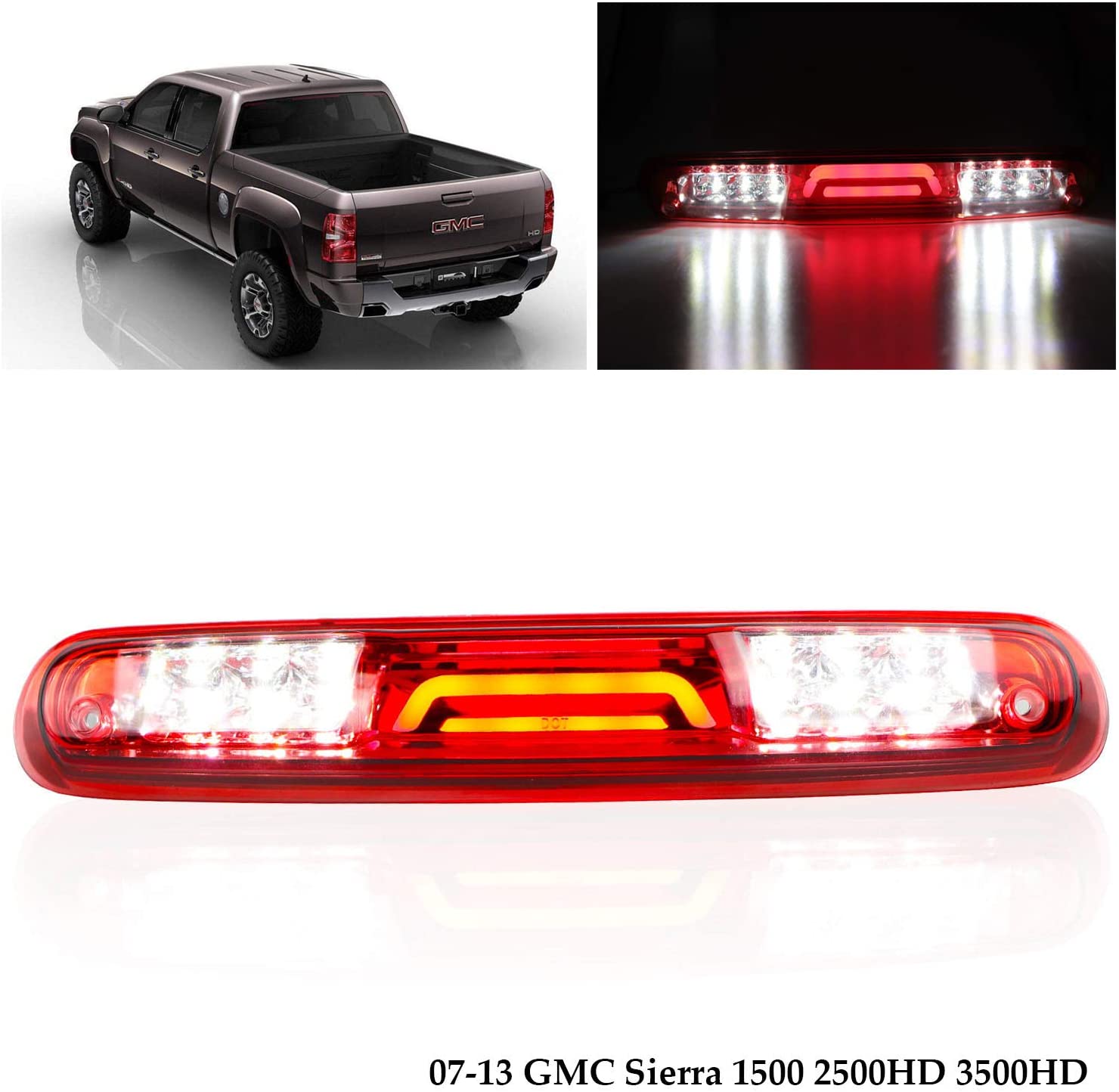 Replacement for 2007-2013 Chevy Silverado/GMC Sierra 1500 2500 3500 HD Rear Roof Center LED Third 3rd Brake Cargo Light Assembly High Mount Brake Tail Light (Chrome Housing Red Lens)