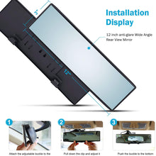 Universal 12 Inch Interior Clip On Panoramic Rearview Mirror - Blue Tint - Wide Angle - For use in Car, SUV, Truck