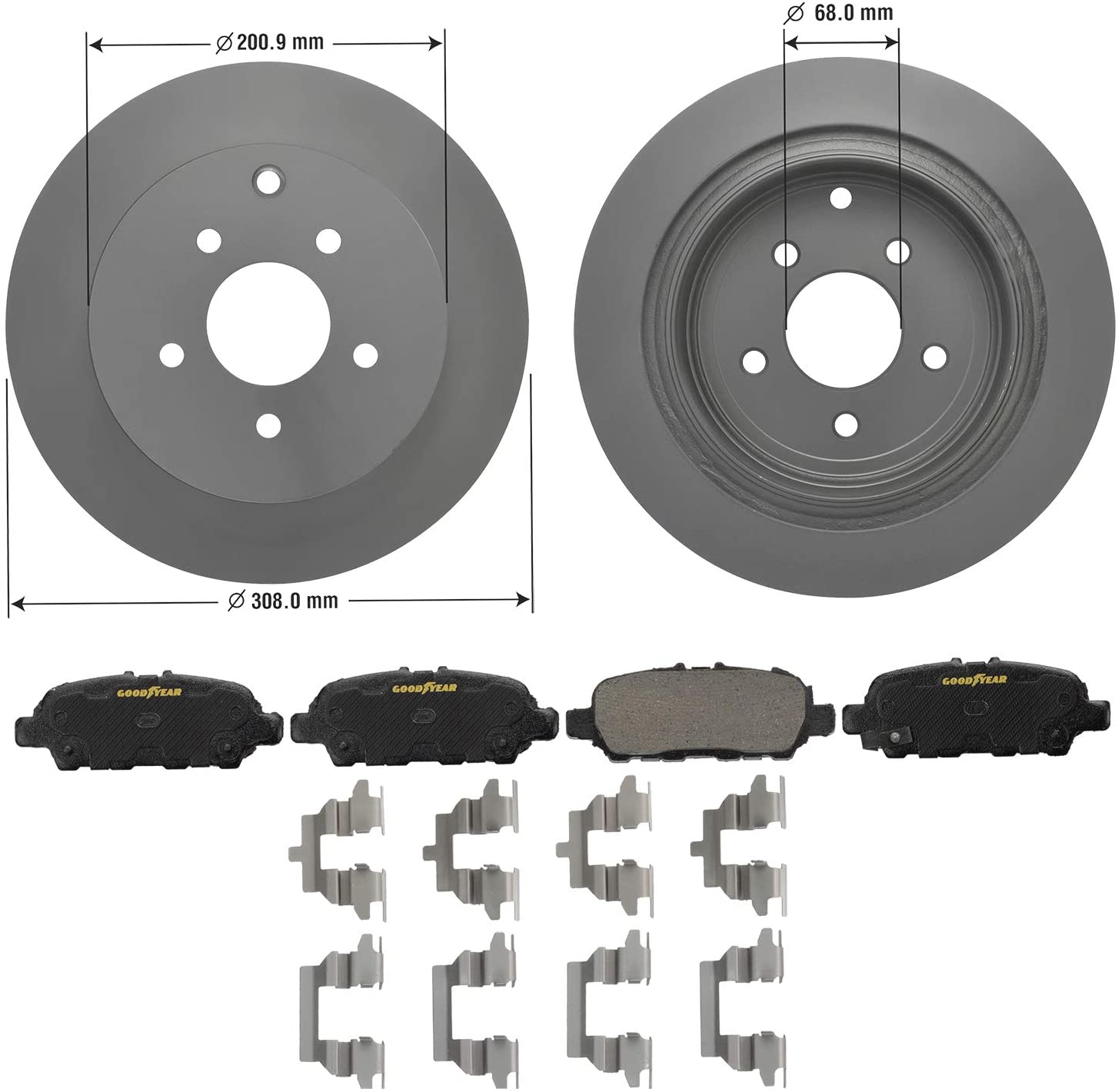 Goodyear Brakes PRK68816R, Rear Premium Brake Bundle with Pair (2) of AntiOx Coated Brake Rotors and Ceramic Brake Pads