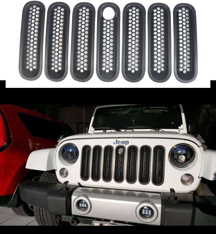 Bolaxin Black Matt Front Grill Mesh Grille Insert with Key Hole Fit Hood Lock Compatible for Jeep Wrangler Jk Rubicon Sahara & Unlimited 2007-2015 -7pcs (Mesh Grille Insert with Key Hole)