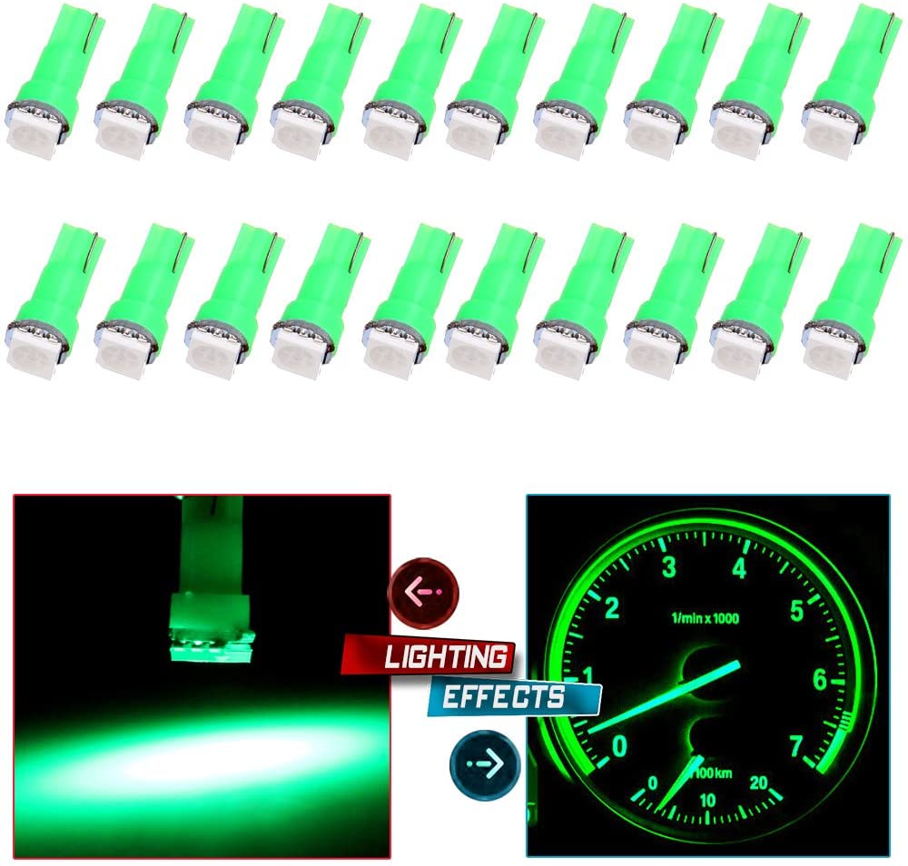cciyu 20 Pack T5 0.5W Green Led T5 5050 Tri-Cell SMD LED Chips/1-5050SMD Dashboard Dash Gauge Instrument Panel Light 2721 407 85 86 (Green)