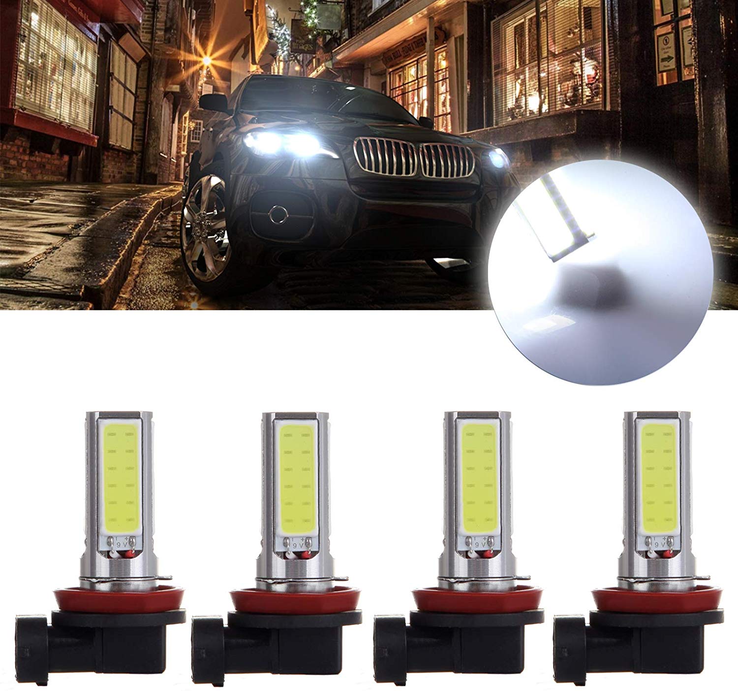 SCITOO White H11 LED Bulbs COB LED Light with Projector for Fog Light Plug and Play Style,4Pcs