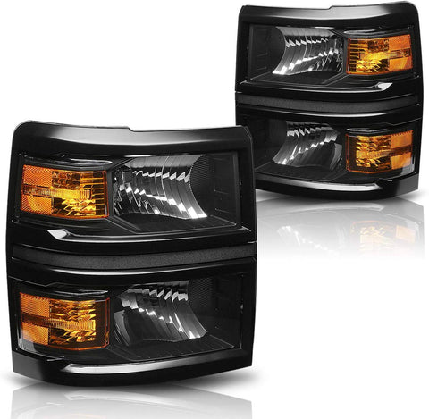 Direct Replacement Headlight Assembly Compatible with Chevy Silverado 14-15 Headlamps with Black Housing Amber Corner