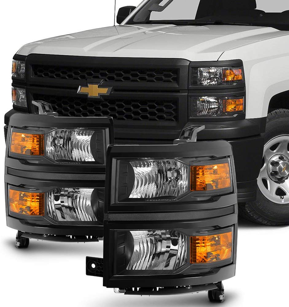 For 2014 2015 Chevy Silverado 1500 Pickup Truck Black Bezel Headlight Lamp Assembly Driver + Passenger Side