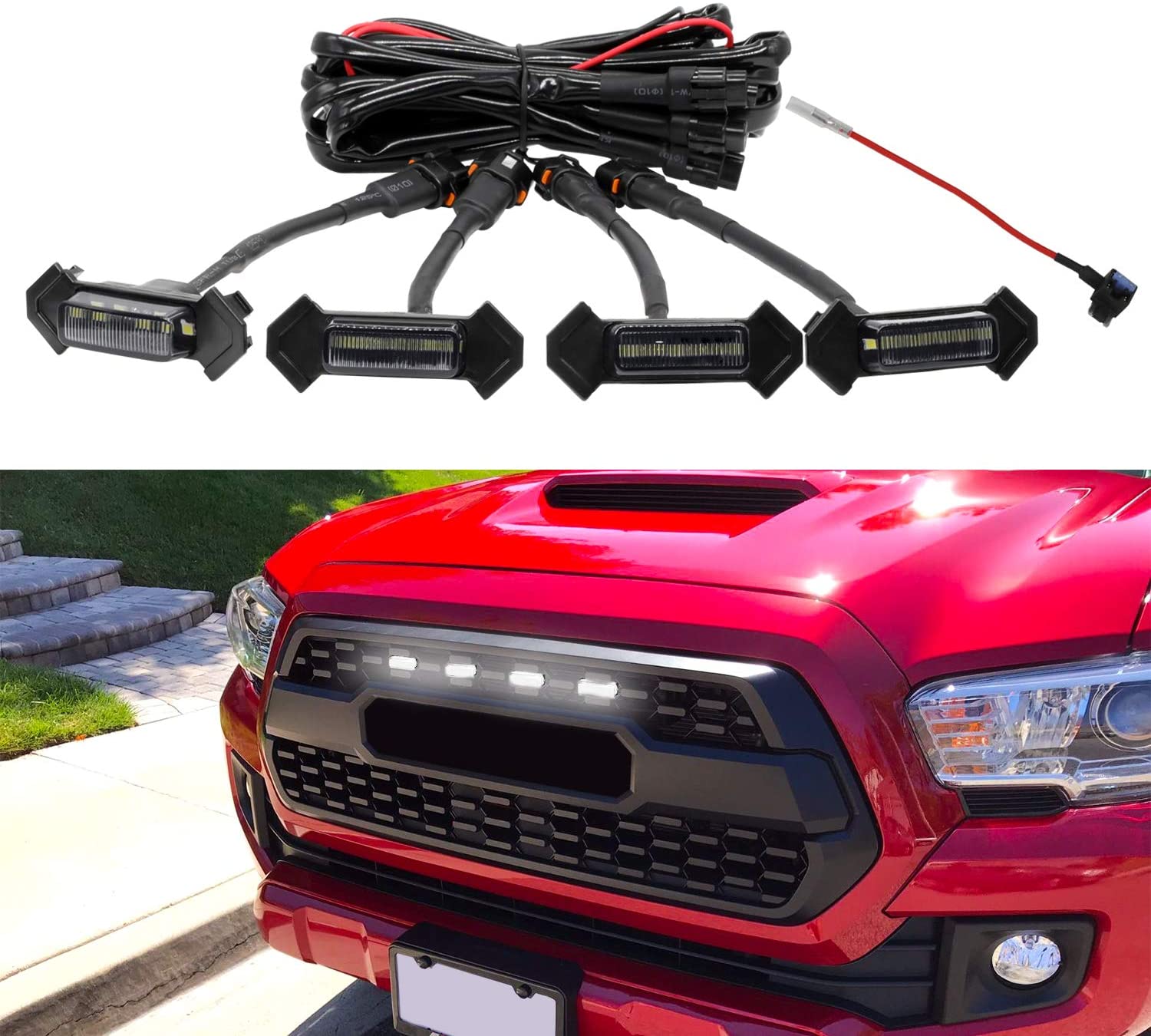 Grill LED Lights 4 PCS with Harness & Fuse Upgrade for 2016-2018 Aftermarket Toyota Tacoma TRD PRO Grille (Black Shell with White Light) (Black Shell with White Light)