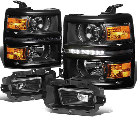 For Chevy Silverado 1500 Black Housing Amber Corner LED DRL Projector Headlight + Clear Lens Fog Light + Switch