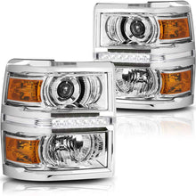 LED DRL Projector Headlight Assembly Compatible with Chevy Silverado 14-15 Headlamps with Chrome Housing Amber Corner
