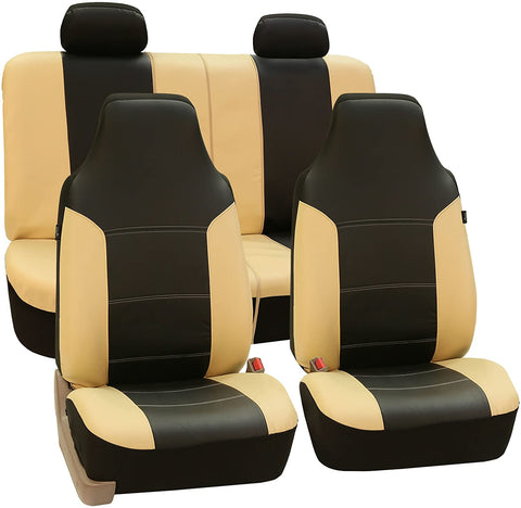 FH Group FH-PU103114 High Back Royal PU Leather Car Seat Covers Airbag & Split Beige/Black-Fit Most Car, Truck, SUV, or Van