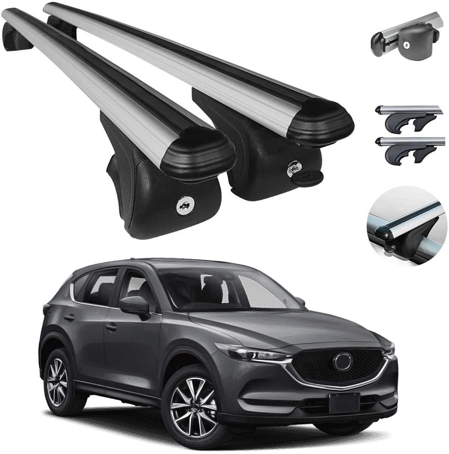 OMAC Auto Exterior Accessories Roof Rack Crossbars | Aluminum Lockable Silver Roof Top Cargo Racks | Luggage Ski Kayak Bike Snowboard Carriers Set 2 Pcs | Fits Mazda CX-5 2017-2021