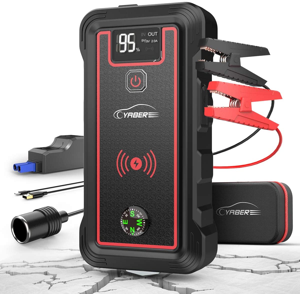 YABER Car Jump Starter, 2500A Peak 23800mAh Car Battery Jump Starter(All Gas or 8.0L Diesel) Portable Wireless Charger with LED Flashlight, EC5 Cigarette Lighter, Safety Hammer, LCD Screen