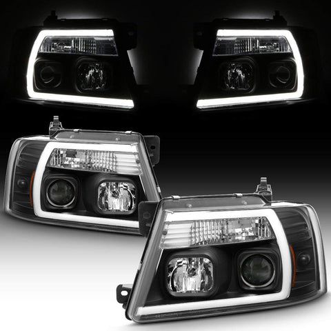 For 2004-2008 Ford F150 Full LED Daytime Running Lamp Bar Projector Headlights Black Housing Clear Lens Full Set