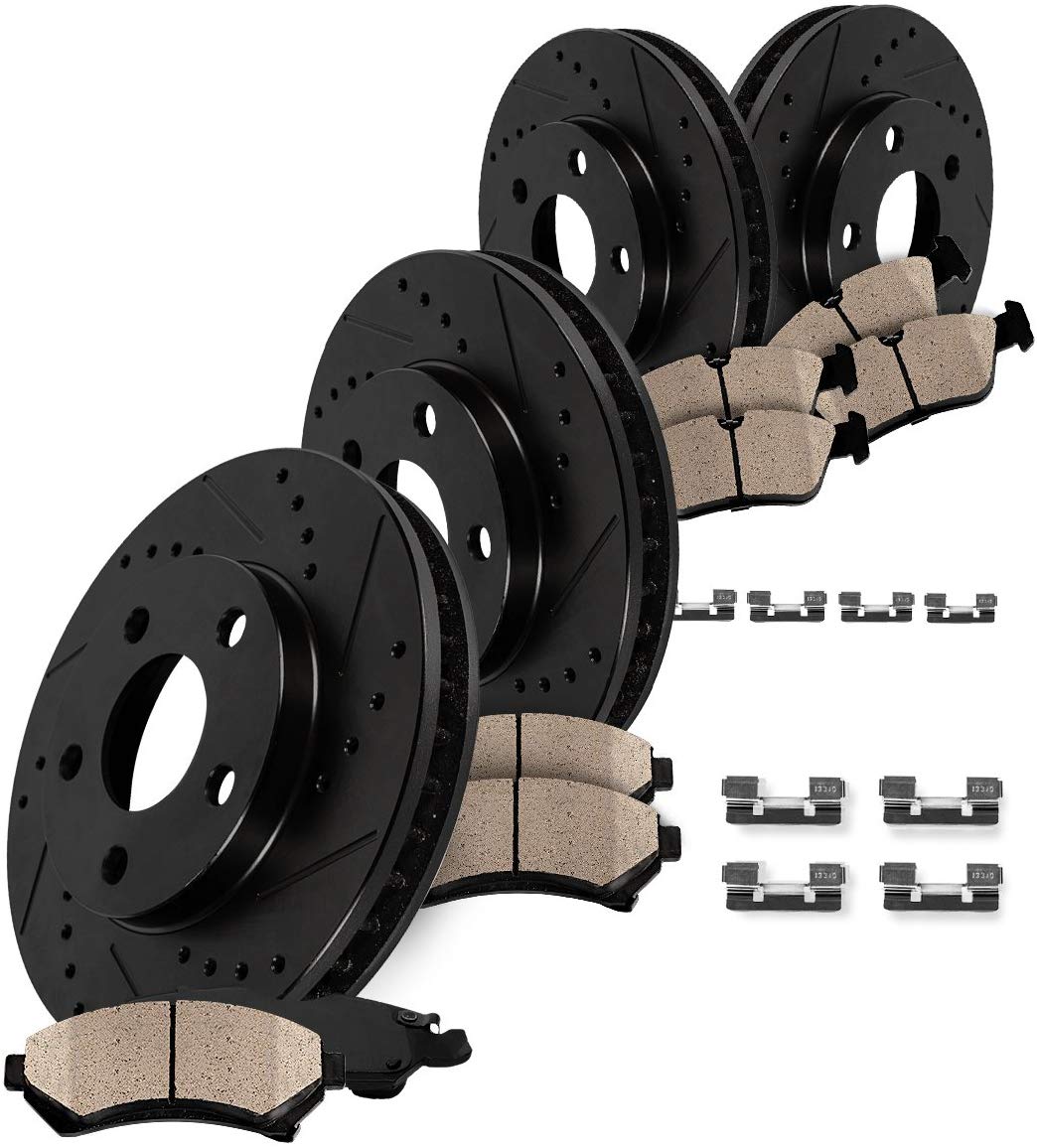 CRK13622 FRONT 299mm + REAR 280mm Black Drilled/Slotted 5 Lug [4] Rotors + [8] Quiet Low Dust Ceramic Brake Pads + Clips