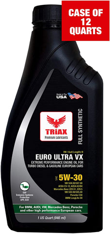 Triax Euro Ultra VX 5W-30 Full Synthetic Euro - Compatible with VW 507.00/504.00, VW Audi 502.00, 505.01, BMW LL-04, Porsche C30, ACEA C3, Mercedes 229.51, 229.5, 229.31