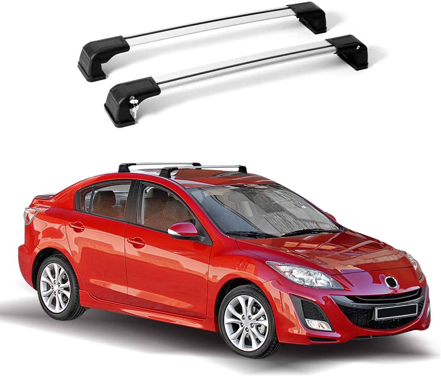 OMAC Auto Exterior Accessories Roof Rack Crossbars | Aluminum Lockable Silver Roof Top Cargo Racks | Luggage Ski Kayak Bike Snowboard Carriers Set 2 Pcs | Fits Mazda 3 Sedan 2009-2014