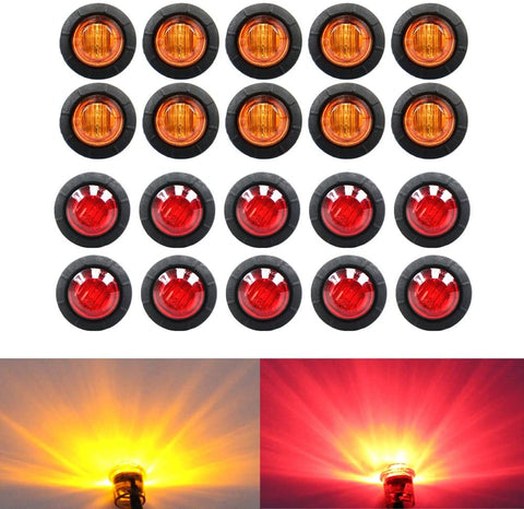 (Pack of 20) TMH 3/4 Inch Mount 10 pcs Amber + 10 pcs Red LED Clearance Bullet Marker lights, Side LED marker lights for trailer Truck RV Car Bus Van