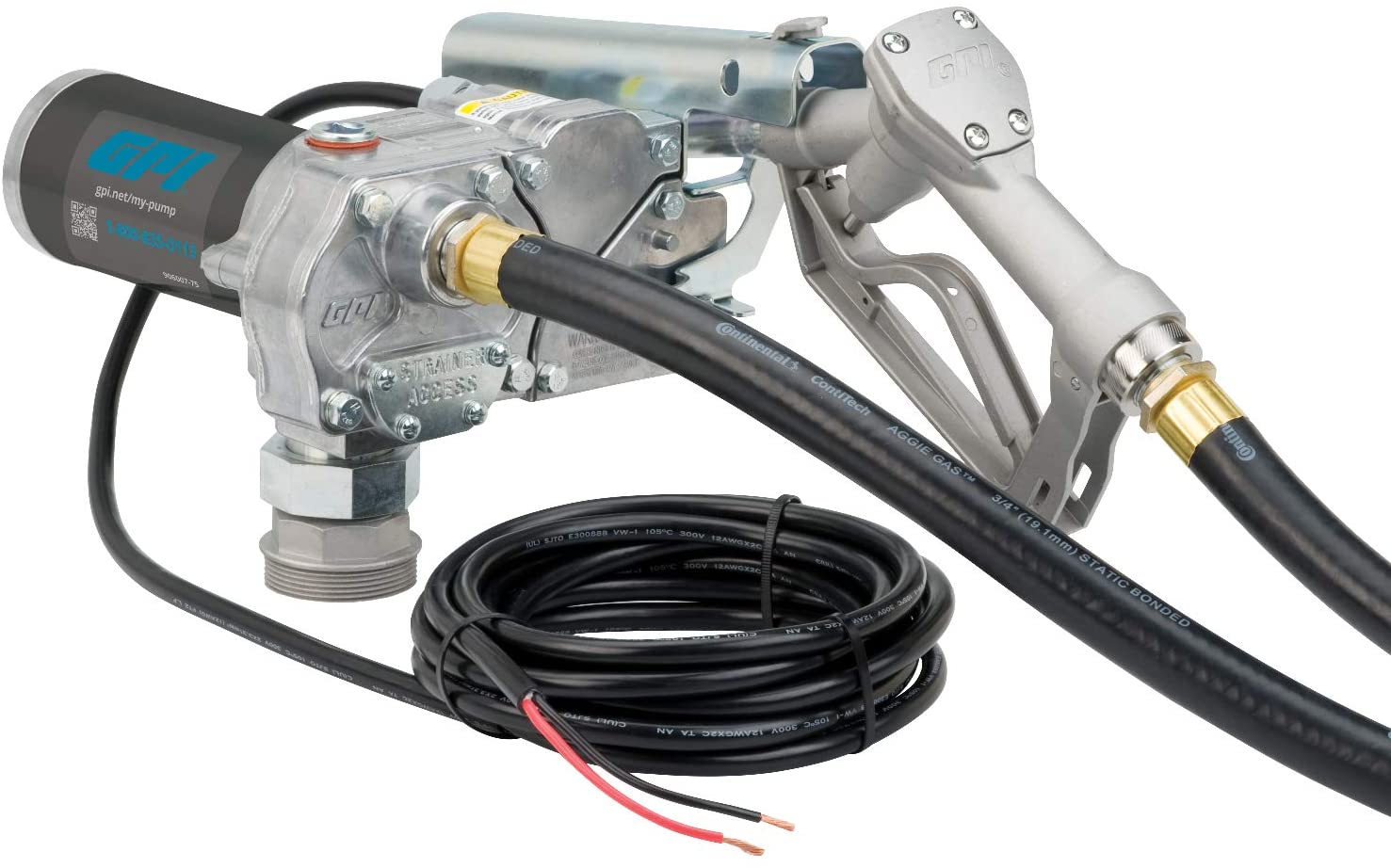 GPI M-150S Fuel Transfer Pump, Manual Shut-Off Unleaded Nozzle, 15 GPM fuel pump, 10' Hose, Power Cord, Direct Mount, Adjustable Suction Pipe (110000-107)