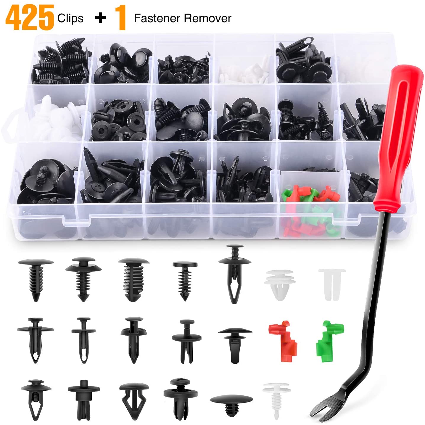 GOOACC 425 Pcs Car Body Retainer Assortment Clips Set Tailgate Handle Rod Clip & Fastener Remover - 19 Most Popular Sizes Auto Push Pin Rivets Set -Door Trim Panel Clips for GM Ford Chevy Toyota Honda