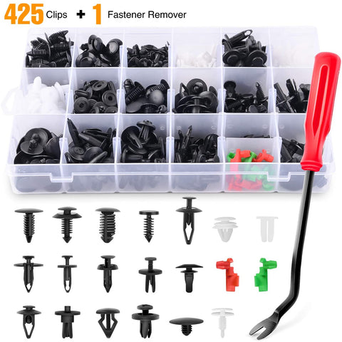 GOOACC 425 Pcs Car Body Retainer Assortment Clips Set Tailgate Handle Rod Clip & Fastener Remover - 19 Most Popular Sizes Auto Push Pin Rivets Set -Door Trim Panel Clips for GM Ford Chevy Toyota Honda