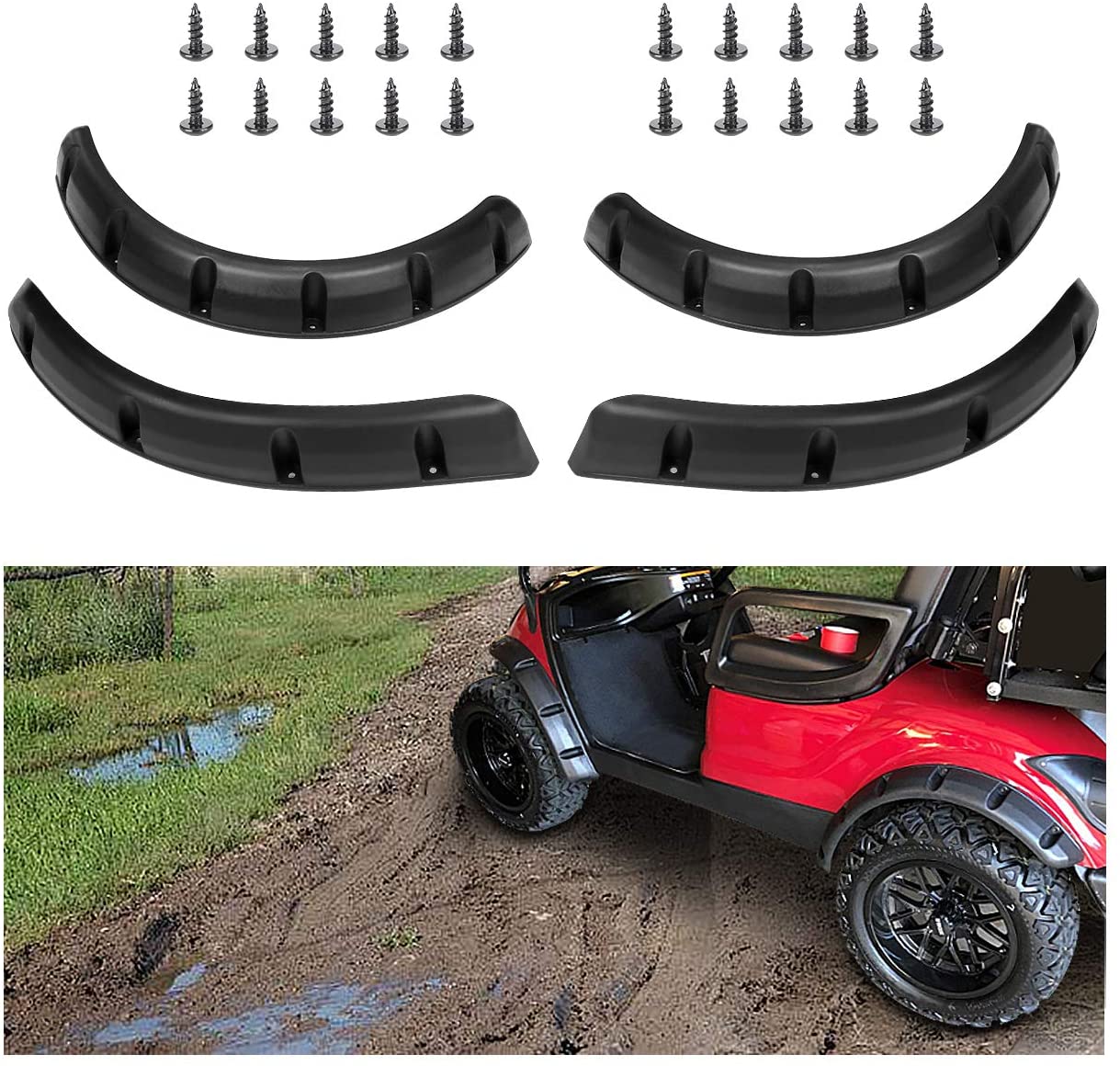 10L0L Golf Cart 4 Fender Flares (2) Front & (2) Rear fit Yamaha G22 G29,Club Car DS Precedent, EZGO RXV&TXT with Metal Hardware