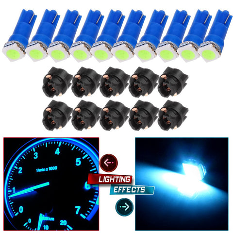 cciyu 10x Ice Blue LED & 10x Sockets Dash Instrument Panel Light Bulb T5 70 73 74 Used Replacement fit for side markers, running lights, corner & bumper lights, license plate lights etc