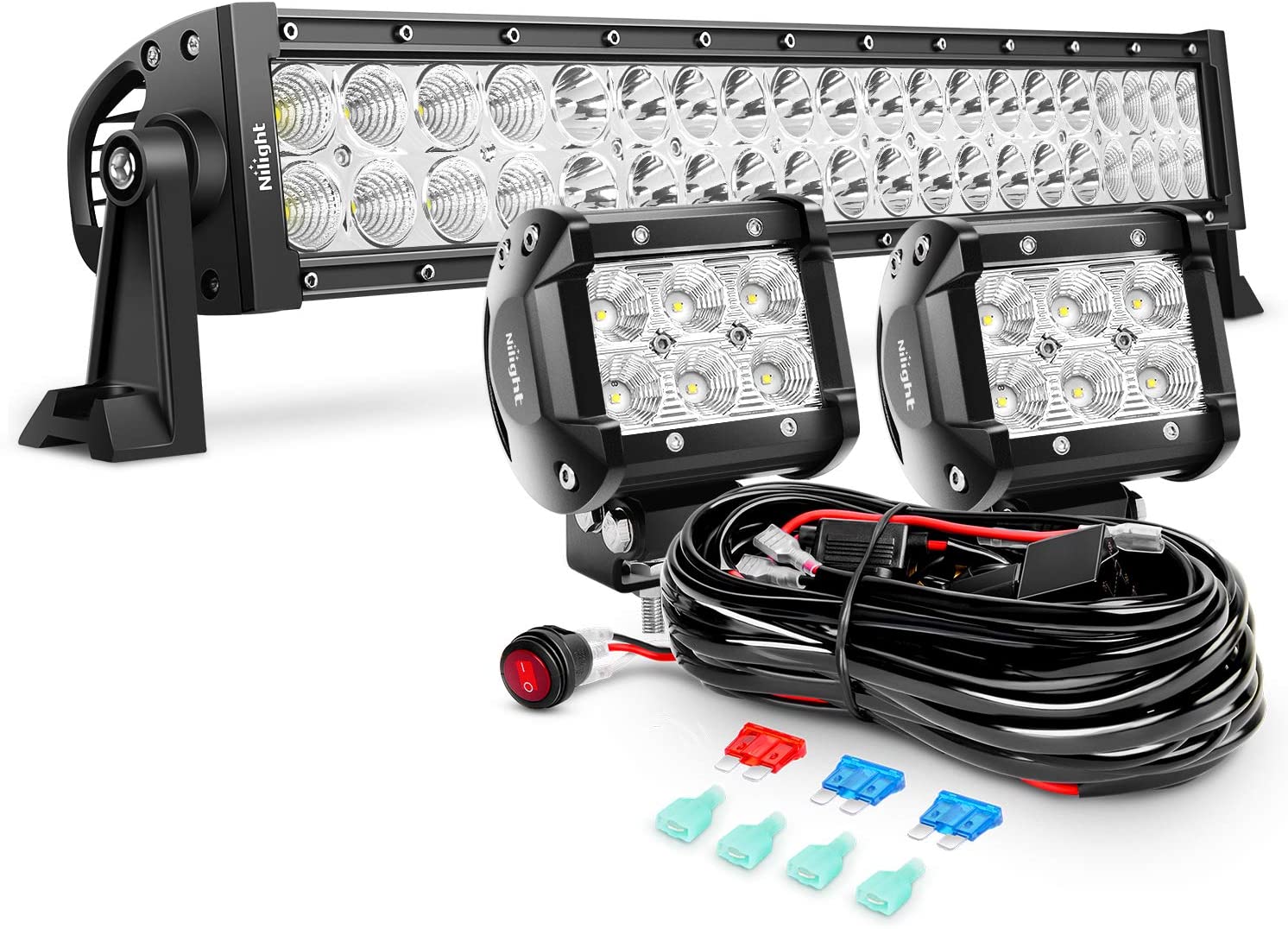 Nilight - ZH004 22Inch 120W Spot Flood Combo Led Light Bar 2PCS 4Inch 18W Flood LED Pods Fog Lights with 16AWG Wiring Harness Kit-2 Leads,2 Years Warranty