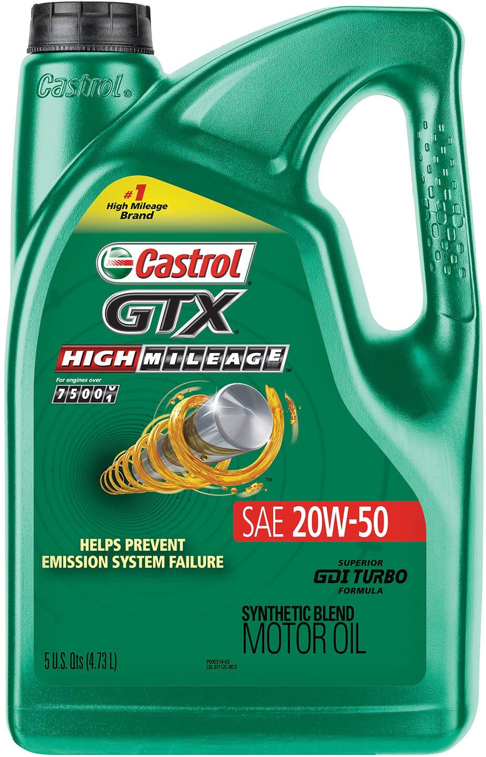 Castrol 03112 GTX High Mileage 20W-50 Synthetic Blend Motor Oil, 5 Quart