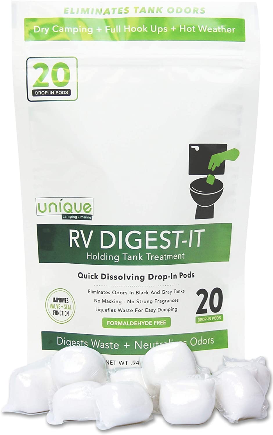 Unique RV Digest-It Holding Tank Treatment - Drop in Pods Toilet Treatment (20 Treatments) - 41G-4 (20 Pack)