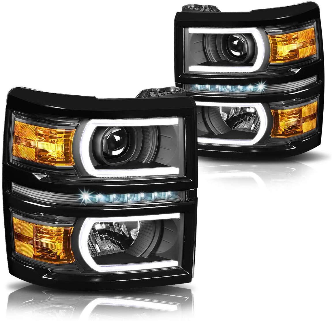 U-Strip LED DRL Projector Headlight Assembly Compatible with Chevy Silverado 14-15 Headlamps with Amber Corner Black