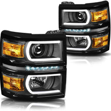 U-Strip LED DRL Projector Headlight Assembly Compatible with Chevy Silverado 14-15 Headlamps with Amber Corner Black